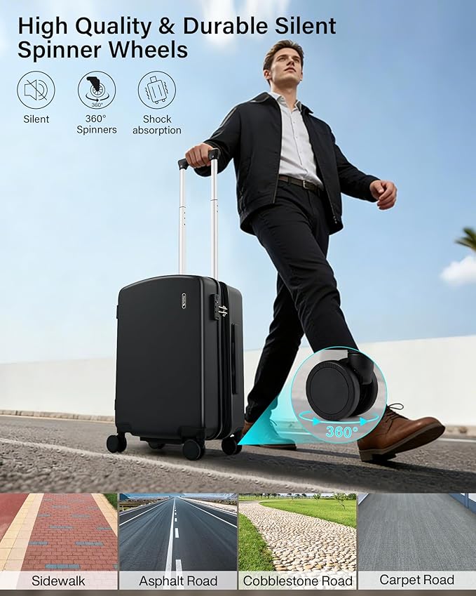 Hanke Expandable Hard Shell Luggage Sets 3 Pieces, 20/24 / 28 Inch Luggage Sets with Spinner Wheels, Durable PC Hardside Rolling Suitcase with TSA Lock for Travel (20/24/28 Inch, Jet Black)