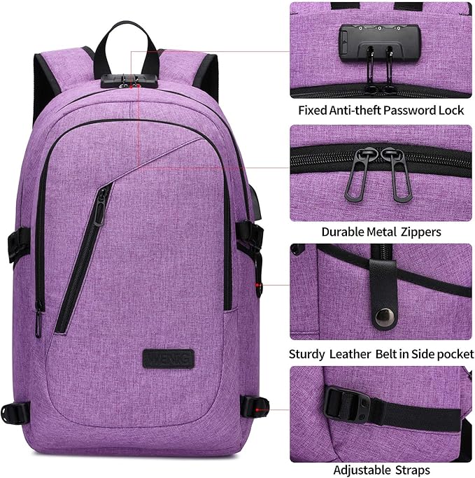 WENIG Laptop Backpack for Women,Business Backpack Anti-Theft Backpack with USB Charging Port and Lock 15.6 Inch Computer Backpacks for Women Men,Purple