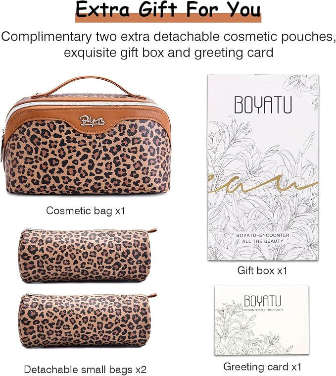 BOYATU Travel Makeup Bag for Women: 3 Pcs Set Portable Make up Bags with Handle - Leopard Print Cosmetic Bags with Comparments - Waterproof Vegan Leather Toiletry Bag (A-1-Brown)