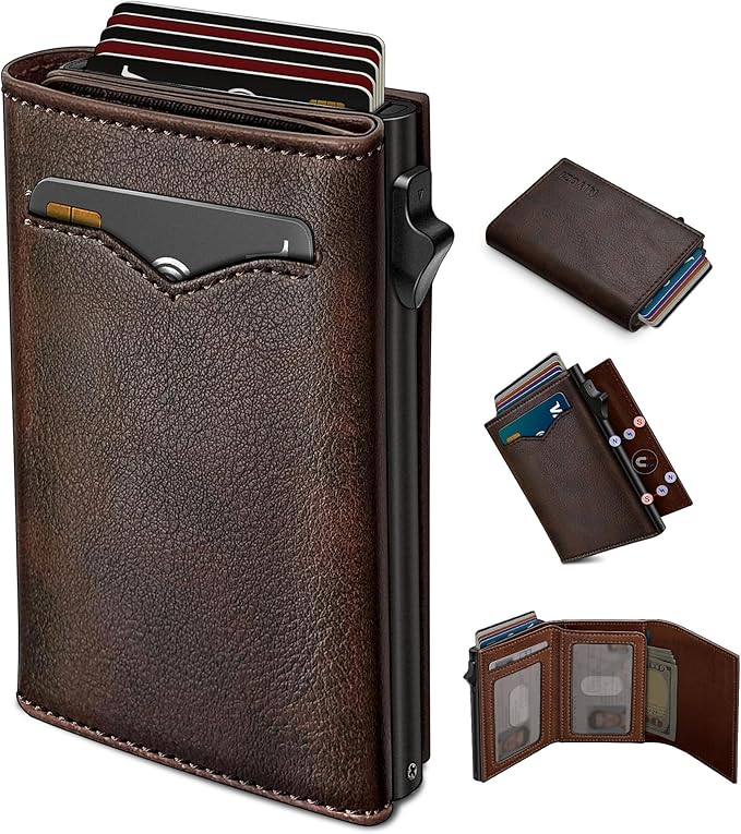 miyozi Wallet for Men,with Cash Pocket 2 ID Window 9-13 Cards,Metal Case Smart Slim Pop Up Credit Card Holder Flip with Magnetic Closure RFID Blocking Trifold wallet with Gift Box