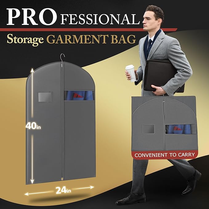 2 Pack 40-inch Suit Bag Garment Bag for Travel and Storage, Garment Bags for Hanging Clothes with Zipper and Visible Transparent Window, Gray
