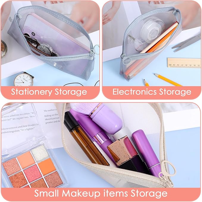 4 PCS Mesh Makeup Brush Bag, 4 Colors Small Makeup Pouch Portable Nylon Mesh Zipper Pouch Bags Multifunctional Clear Bags Stationery Storage Bag for Travel Office Home Accessories