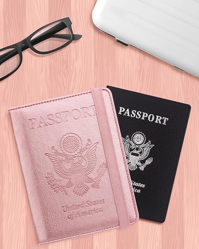 WALNEW Passport Holder for Travel, RFID Passport Cover Wallet for Women Men, PU Leather Passport Book Card Holder Case with Pen (Elastic Band Closure, A-Rosegold)
