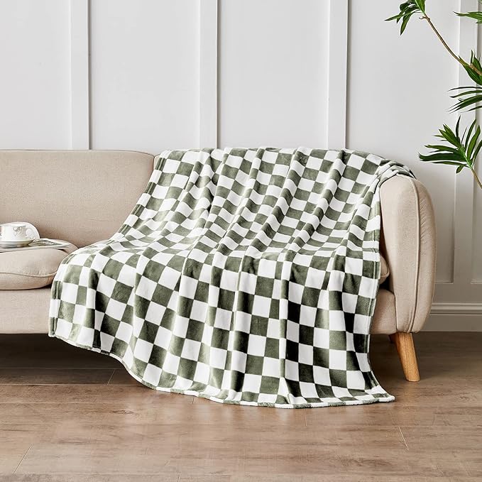 Checkered Blanket Flannel Throw Blankets Soft Cozy Checkered Grid Print Chessboard Gingham Pattern Throws for Bed Sofa Couch for All Seasons, 60x80 Inch, Dark Olive