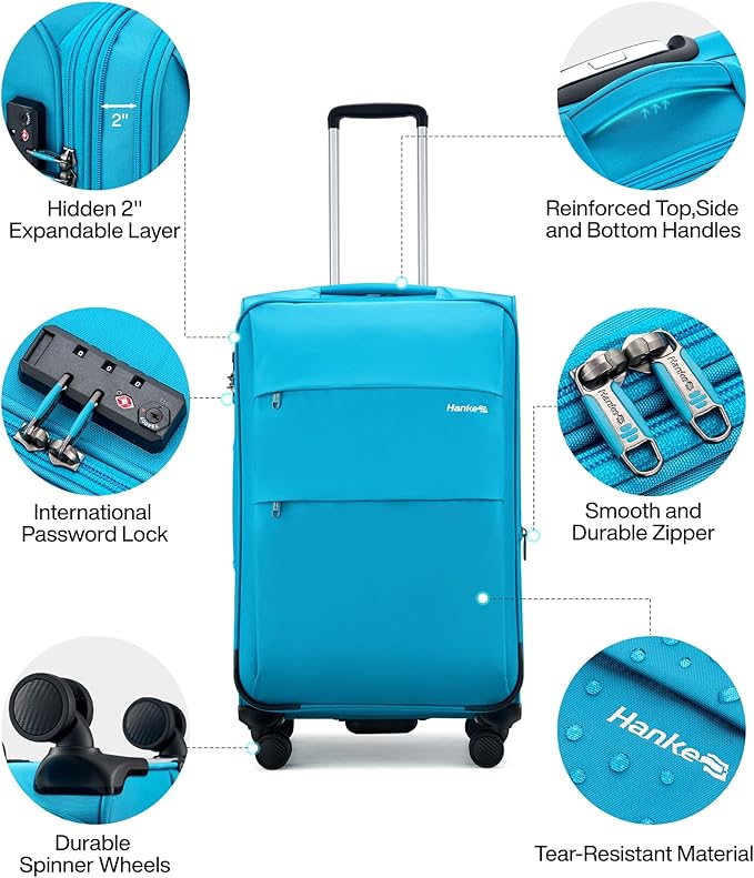 Hanke 20 Inch Expandable Carry On Luggage 22x14x9 Airline Approved Softside Suitcases with Wheels Lightweight Travel Luggage Rolling Suitcase with Lock for Men and Women.(Caribbean Blue)