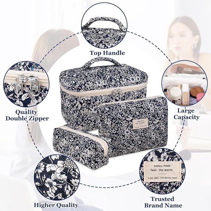 Makeup Bag Set, Quilted Makeup Bag, Large Floral Cosmetic Bag for Women, Cute Cotton Makeup Bags, Flower Travel Toiletry Organizer Bag (Black Rose Flower)