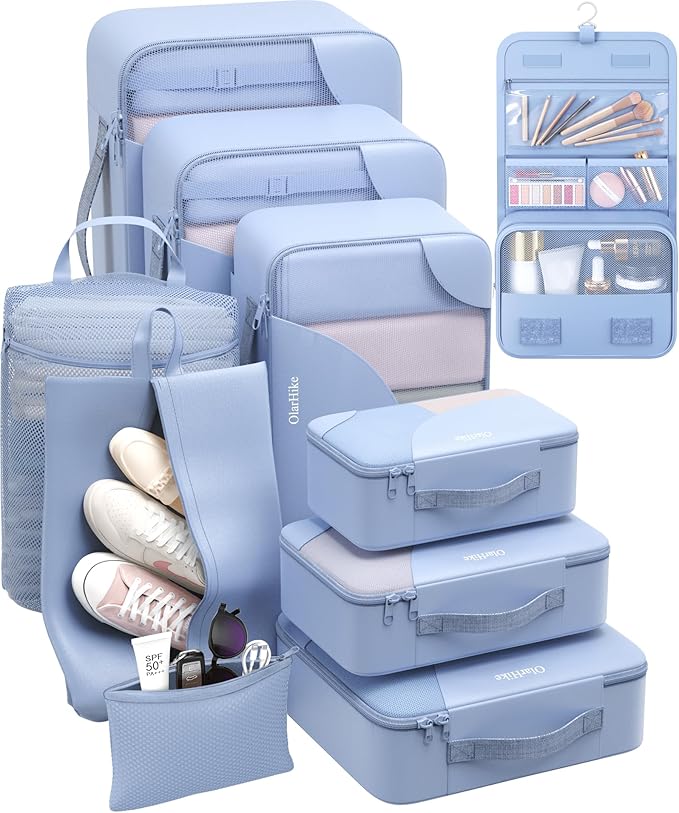 10 Set Packing Cubes for Travel, Gifts for Women Mom,Anti-Tearing Suitcase Organizer for Luggage with Shoe & Hanging Toiletry Bag,OlarHike Vacation Essentials & Accessories for Cruise Ship