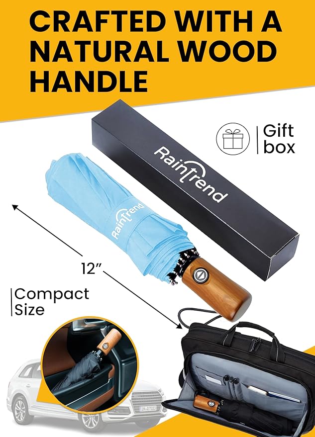 Raintrend Windproof Travel Umbrellas for Rain Automatic +10% Bigger Canopy Strong Frame Compact Folding Portable Umbrella for Women Men Backpack Purse
