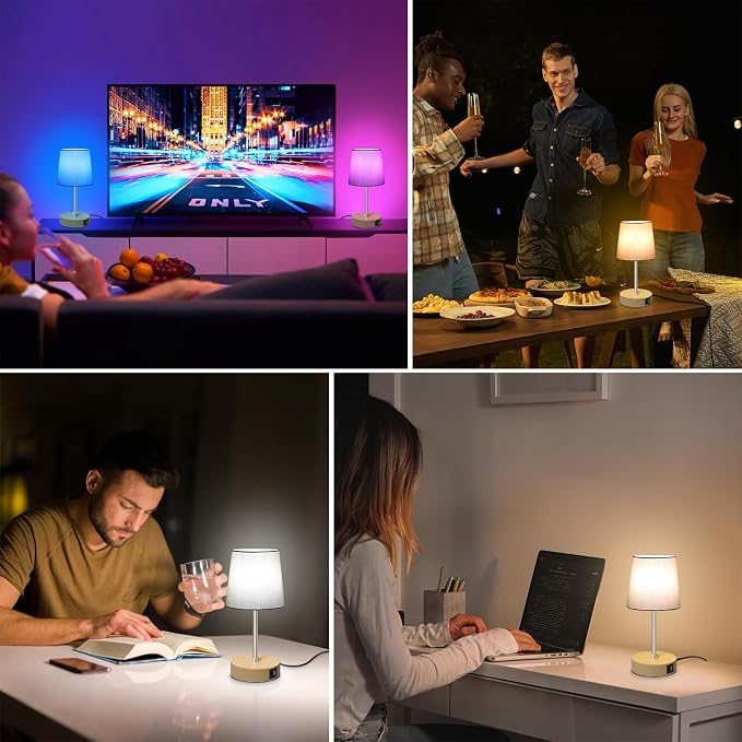 Ascher Small Bedside Table lamp Set of 2, RGB Color Changing Lamps, 3 Color Temperatures, Stepless Dimmable, Nightstand Lamp with USB C+A Ports for Bedroom Living Room, (Grey Shade, Wood Grain Base)