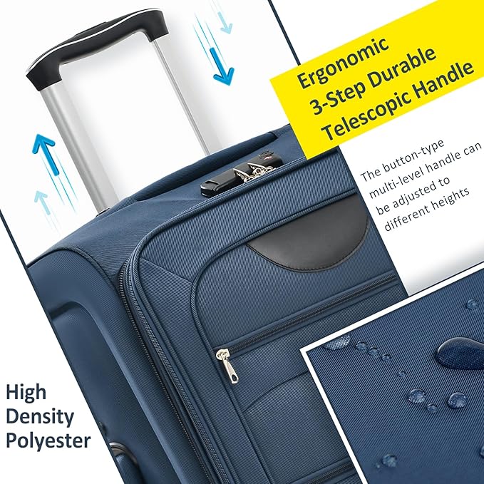 Softside Luggage Sets 3 Piece - 20" Carry-On, 24” & 28” Checked Luggage Set, Expandable Luggage Lightweight Suitcase with Spinner Wheels & TSA Lock for Family Extended Travel (Dark Blue)