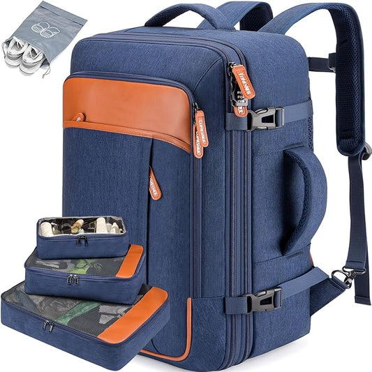 Lumesner Carry on Travel Backpacks, Extra Large 40L Flight Approved Bag for Men & Women,Expandable Suitcase Backpack With 4 Packing Cubes,Water Resistant Luggage Daypack Business Weekender Bag, Blue