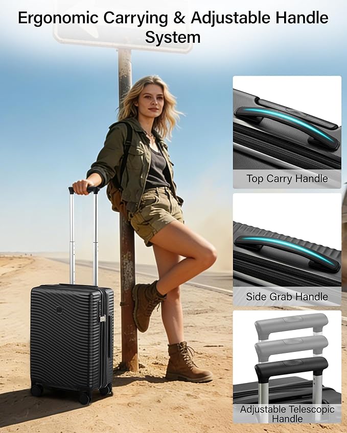 MILADA Expandable Carry On Luggage 20 Inch - Airline Approved Hardshell Suitcase with 8 Spinner Wheels, TSA Lock, Water-Resistant PC Shell, Lightweight & Durable for Travel, Jet Black