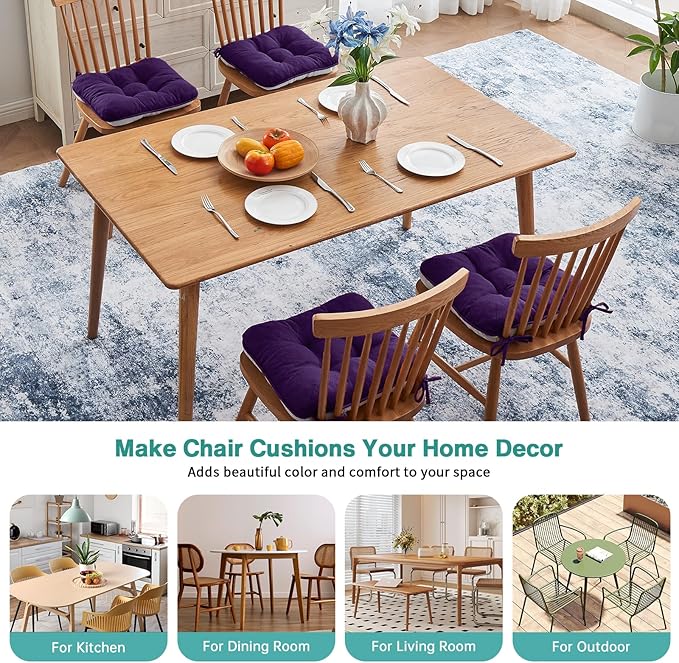 BETU Chair Cushions for Dining Chairs Set of 4,3.5" Thick Kitchen Table Chair Pads with Ties,Non Slip Backing and Covers, Seat Cushion for Dining Room,Bar,Patio Chairs,16"X16"X3.5",Dark Purple