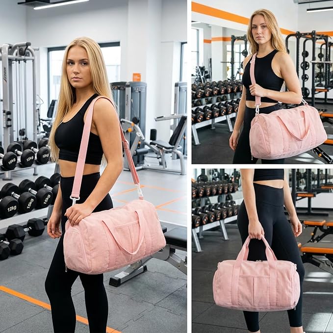 2PCS Cute Gym Bag for Girls, Corduroy Duffle Bag with Wet Pocket & Shoe Compartment and item bag, Duffle Bag for Travel, Sports, Fitness & Workout