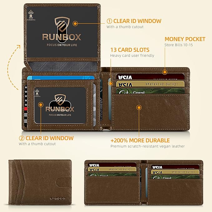 RUNBOX Wallet for Men Slim Rfid Leather 2 ID Window With Gift Box | Slim, Rfid, 2 ID Window, With Gift Box, Slim, Rfid