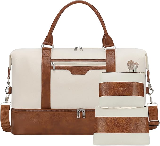 Oeihuivt Weekender Bags for Women - 21 Inch Large Travel Duffel Bag 2-Piece Set with Shoe Compartment, Heavy-Duty Canvas Leather Carry On Overnight Tote