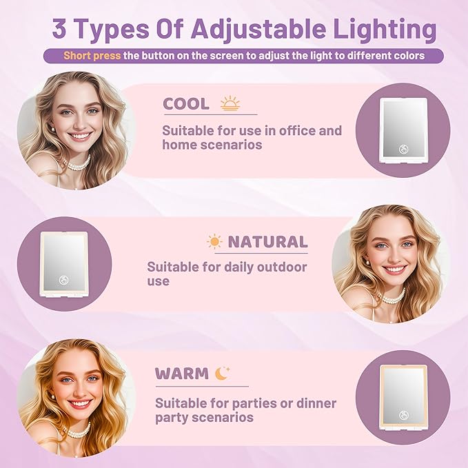 Travel Makeup Mirror with Lights Valentines Day Gifts for Her, Girlfriend, Wife, Birthday Gifts, Rechargeable Portable Compact Mirror, Lighted Makeup Mirror with 72 LEDs 3 Color Light Modes