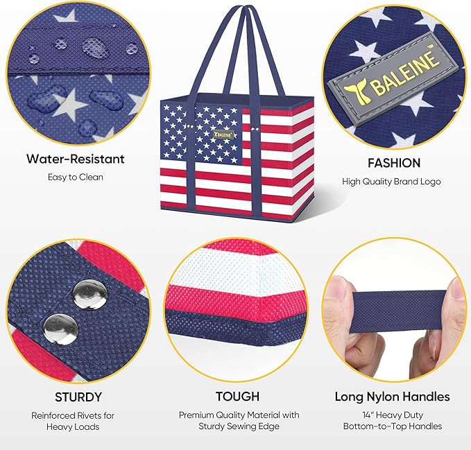BALEINE 1Pk Reusable Grocery Bags, Foldable Shopping Bags for Groceries with Reinforced Bottom & Handles (Patriot Celebration)