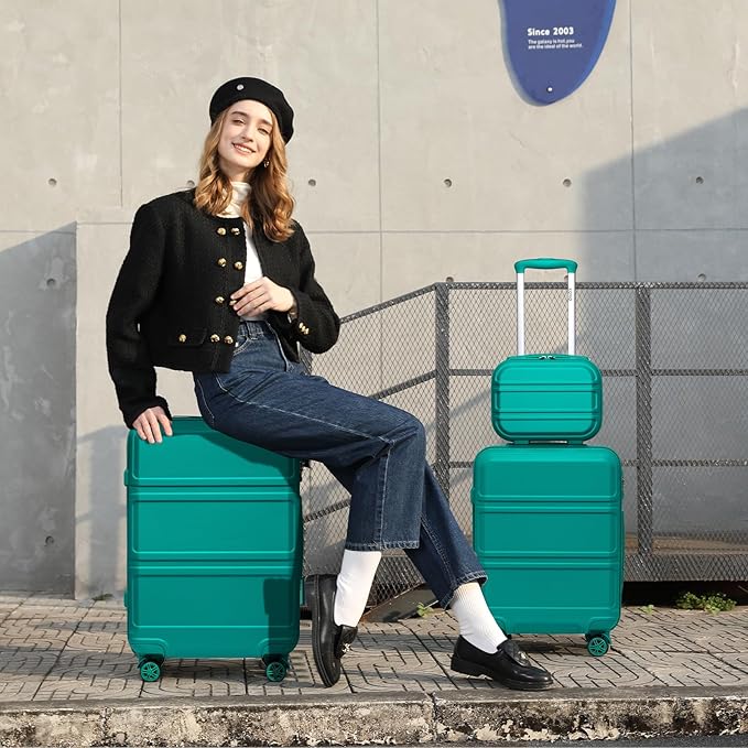 Kono 4 Piece Luggage Sets Expandable with Spinner Wheels TSA Lock Lightweight PC+ABS Hardside Travel Rolling Suitcases 20in 24in 28in Carry on and 12in Mini Cosmetic Case Turquoise