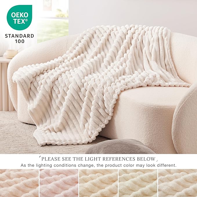 EXQ Home Fleece Throw Blanket for Couch or Bed - 3D Stripe Jacquard Decorative Blankets - Cozy Soft Lightweight Fuzzy Flannel Blanket Suitable for All Seasons(50"×60",Beige)