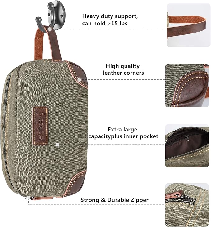 Emissary Men's Leather and Canvas Travel Toiletry Dopp Kit, Shaving Bag (Dark Green)