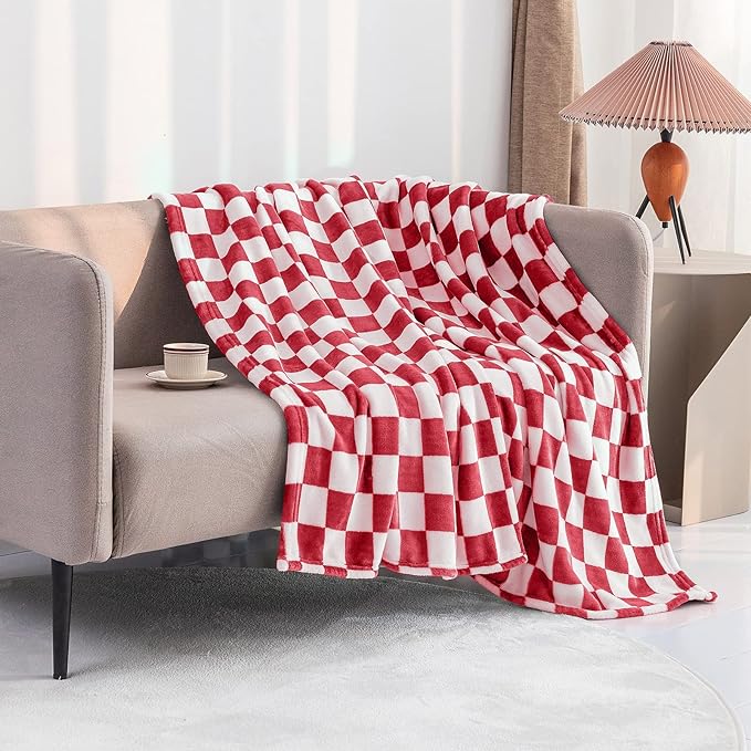 LOMAO Throw Blankets Flannel Blanket with Checkerboard Grid Pattern Soft Throw Blanket for Couch, Bed, Sofa Luxurious Warm and Cozy for All Seasons (Red, 40"x60")