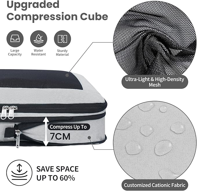 Compression Packing Cubes for Travel, Lightweight Vacation Travel Essentials, Travel Accessories for Suitcase Organizer Bags Set, Durable Luggage Organizer