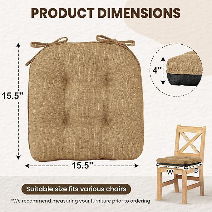 downluxe Indoor Chair Cushions for Dining Chairs, Tufted Overstuffed Textured Kitchen Chair Pads with Ties and Non-Slip Backing, 15.5" x 15.5" x 4", Taupe, 4 Pack