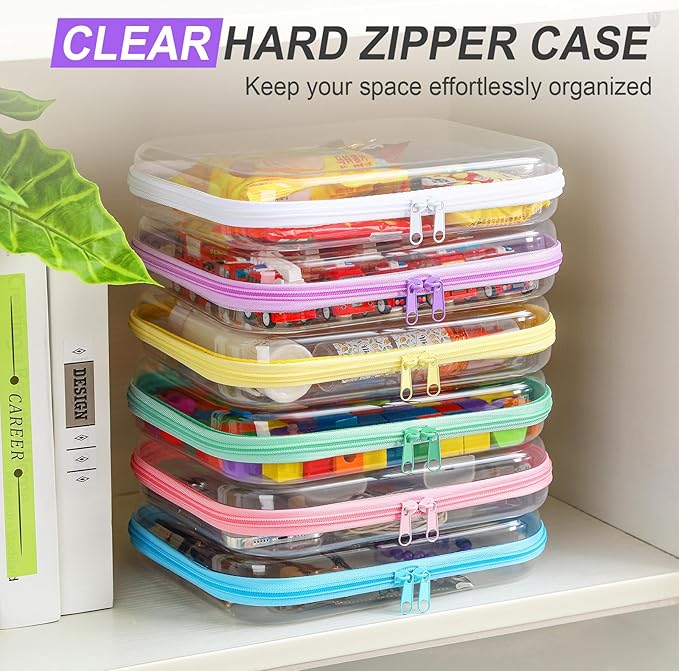 Sanwuta 6 Pcs Clear Hard Zipper Case Plastic Zipper Pouches Transparent Makeup Bag Pencil Case Pouches Toiletry Diaper Bag for Travel Toy Storage Organizer Bins(Colorful,9.84 x 7.87 x 2 Inch)