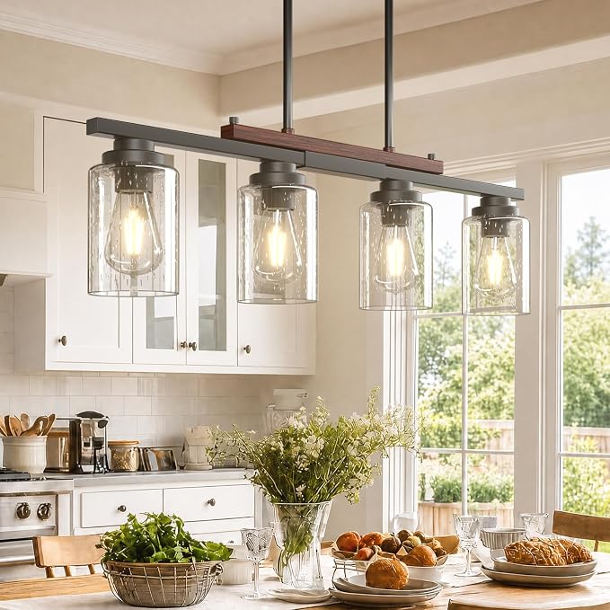 Amico 4-Light Dining Room Light Fixture, Seeded Glass Island Chandelier | Farmhouse Adjustable Rods Black Metal & Wood, Kitchen Island Pendant Light, Dining Room, Bubble Glass Shade