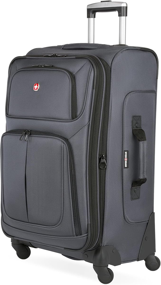 SWISSGEAR Sion Softside Expandable Spinner Luggage Durable Lightweight Travel Suitcase, Dark Grey, Checked-Medium 25-Inch