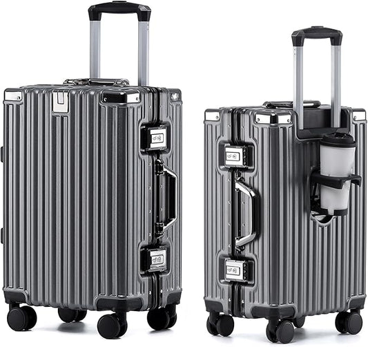 HotWay 20 Inch Aluminum Frame Carry On Luggage with Spinner Wheels, PC Hard Shell Suitcase with Cup Holder, Zipperless Luggage for Business Travel, Gray