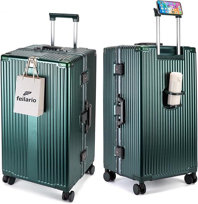 feilario 30in Super Large Captain Aluminum Frame Hardside Spinner Wheels Luggage, Removable Wheels Zipperless Checked Suitcase with Cup Holder/Phone Holder (Forest Green,30in)