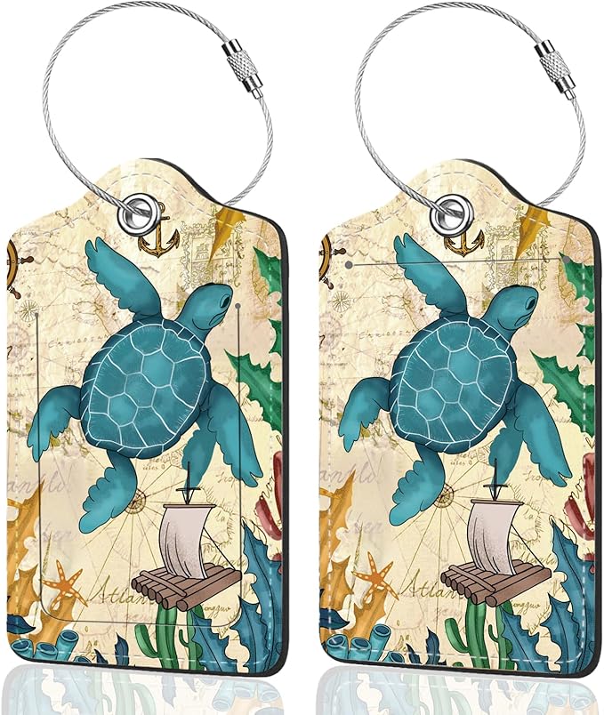 2Pack Luggage Tags for Suitcases, Cute Unique Pu Leather Cruise Luggage Tag with Privacy Cover ID Label Address Card and Metal Ring Suitable for Women Men Kids Travel Bag Turtles