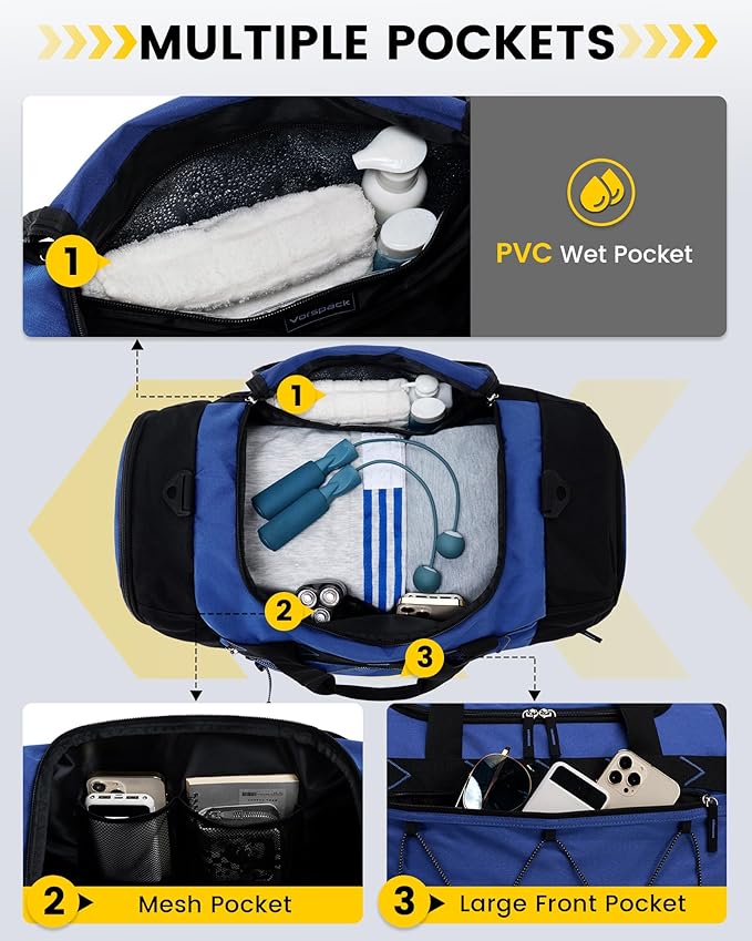 Vorspack Gym Bag for Men - 21 Inches Duffle Bag for Travel Water-resistant Travel Bag with Shoe Compartment Wet Pocket Duffel Bag for Gym Sports Travel Weekender Overnight - Blue