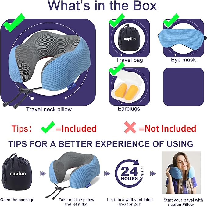 napfun Neck Pillow for Travel with Travel Pouch, Sleep Mask & Earplugs, Memory Foam Airplane Pillow for Headrest Sleep with Eyeshades, Plane Essentials with Eye Blindfold, Sky Blue Striped Kit