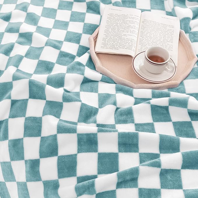 LOMAO Throw Blankets Flannel Blanket with Checkerboard Grid Pattern Soft Throw Blanket for Couch, Bed, Sofa Luxurious Warm and Cozy for All Seasons (Light Blue, 40"x60")