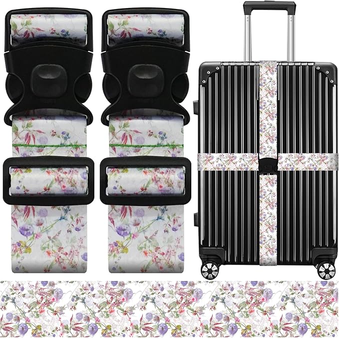 Luggage Straps for Suitcases, Travel Adjustable Belt with Quick Release Buckle, Heavy Duty Nylon Bag Packing Strap, Unique Bright Identifiers Business Travel Accessories (2 Pack) - Purple Flowers