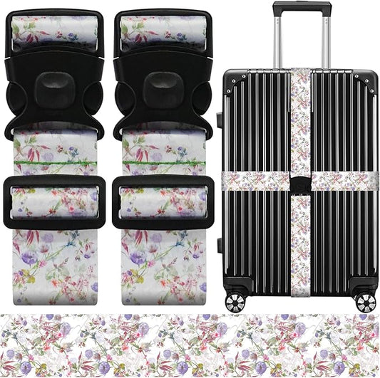 Luggage Straps for Suitcases, Travel Adjustable Belt with Quick Release Buckle, Heavy Duty Nylon Bag Packing Strap, Unique Bright Identifiers Business Travel Accessories (2 Pack) - Purple Flowers