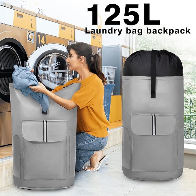 BeeGreen Grey-Laundry-Bag-Backpack-Extra-Large-Heavy-Duty, 125L Portable Travel Laundry Backpack Shoulder Straps & Extendable Clothes Hamper Bag 3 Pockets for College Apartment