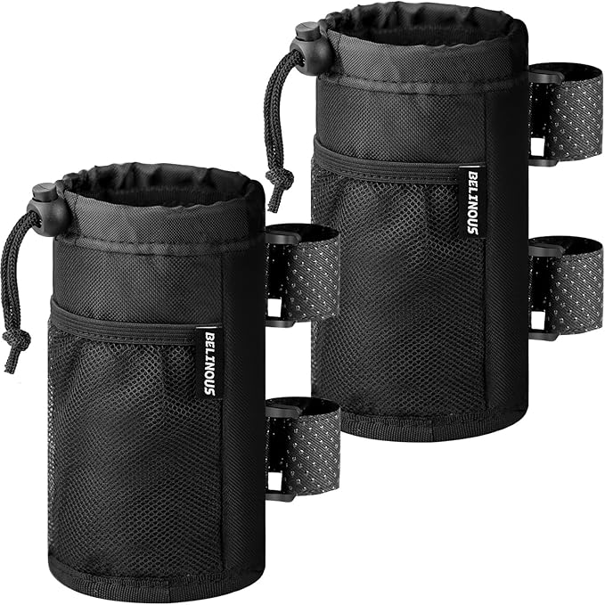 Belinous 2 Pack Bike Water Bottle Holder for 8-24oz Bottles, Roll Bar Cup Holder for UTV Wheelchair Walker Bike Golf Cart Scooter and Boat, Drink Holder with Net Pockets and Velcro Starps