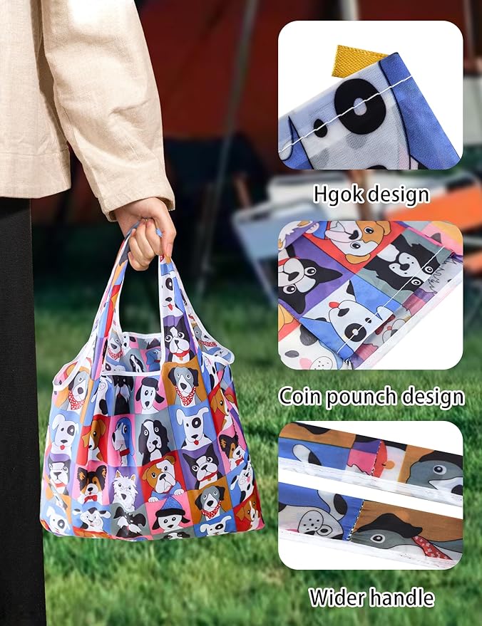 4 Pcs Reusable Grocery Bags, Foldable Shopping Bags Heavy Duty, Large Nano Bag Cute Tote Bag for Daily Shopping, Waterproof and Machine Washable (Animals)