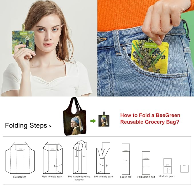 BeeGreen Oil Painting Aesthetic Tote Bag - Large Reusable Grocery Bag, Polyester Grocery Bags Gifts for Women,Foldable, Washable, Packable with Handles & Pouch for Shopping, Beach, Work, Summer