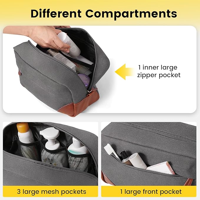 Vorspack Large Travel Toiletry Bag - Hanging Toiletry Bag for Men Water Resistant Canvas Shaving Bag with Large Capacity for Home Travel - Light Grey