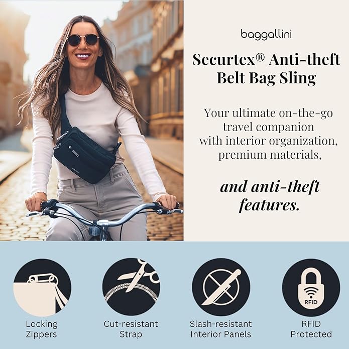 Baggallini Securtex Anti-theft Belt Bag 8.8"x5.5" Crossbody Fanny Pack for Women RFID Wallet Locking Zipper Travel Purse