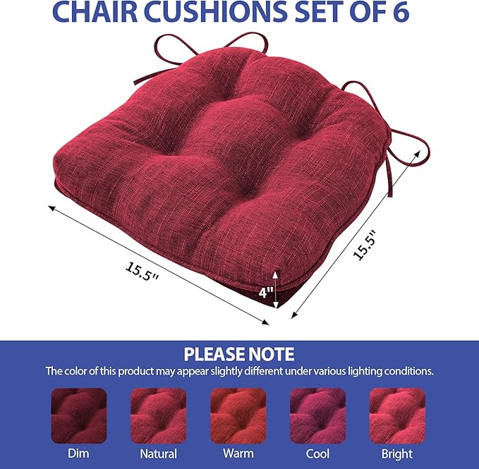 Chair Cushions for Dining Chairs Set of 6, Red Kitchen Chair Cushions, Chair Pads with Ties and Non Slip Backing, Christmas Room Decor, Tufted Memory Foam Seat Cushion 6 Pack, 15.5"x15.5"x4"