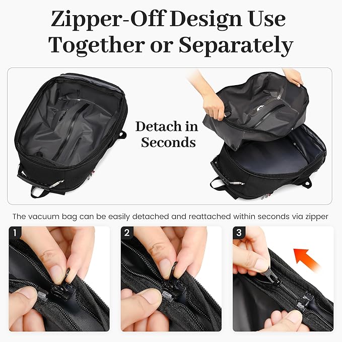 Boavan Vacuum Seal Backpack for Travel with Pump, 55L Large Bag with Zipper‑Off Detachable Vacuum Compression Bag Waterproof Carry On Large Travel Bag for Airline，Bags and Backpack Used Independently
