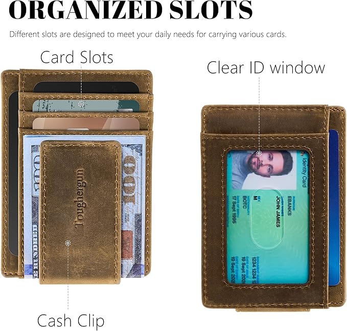 Toughergun Slim Wallet for Men RFID Blocking Money Clip, Minimalist Front Pocket Credit Card Holder, Magnetic Thin Mens Wallets with ID Window