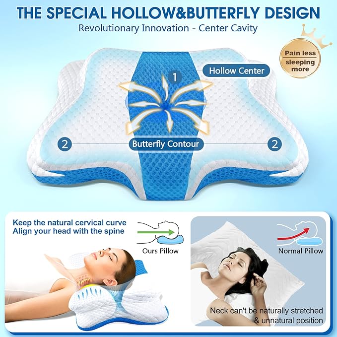 Memory Foam Pillows, Cervical Pillow for Neck and Shoulder Pain Relief, Ergonomic Contour Bed Pillow, Soft for Side Sleep Stomach Sleeping and Back Sleeper-Queen Size&Blue