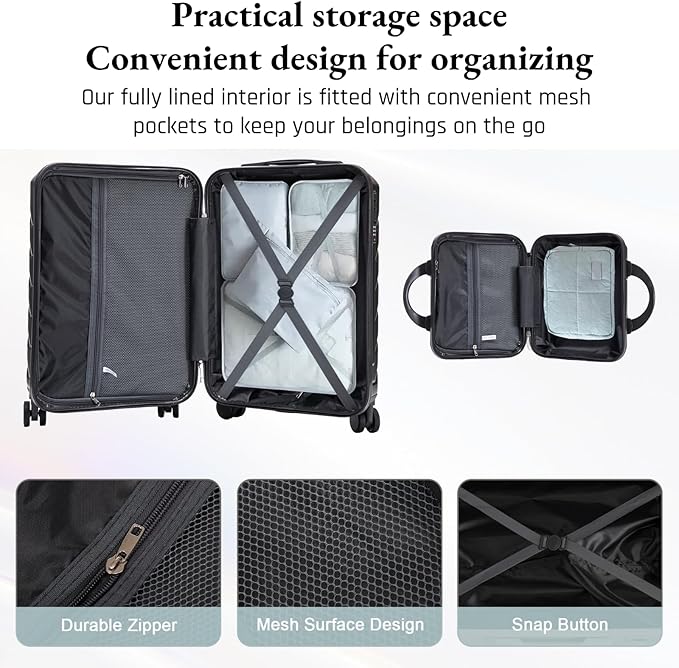 2-Piece ABS Hard Shell Lightweight Carry-On Luggage Set (14" & 20"), 360-Degree Spinner Wheels, Adjustable Telescopic Handle and Combination Lock for Travel, Dark Grey